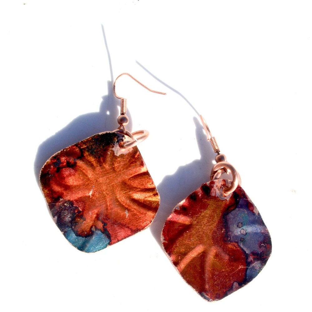 Modernist Red Blue Solid Copper Diamond Earrings Embossed Abstract Geometric - Picture 2 of 6
